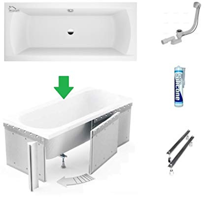 ECOLAM® Badewanne Wanne Rechteck Ines Polimat Design Acryl weiß 190x90 cm + Styroporverkleidung zum Verfliesen + Ablaufgarnitur Ab- und Überlauf Automatik Füße Silikon Komplett-Set