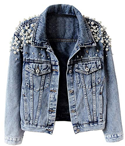 Kedera Damen Jeansjacke bestickt Nieten Perlen Kurze Jeansjacke Mantel, Blau, XL