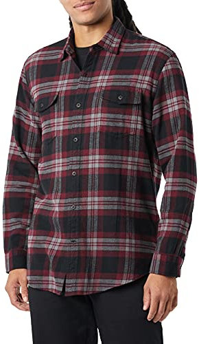 Amazon Essentials Camicia in Flanella vestibilità Regolare a Maniche Lunghe con Due Tasche Uomo, Nero Bordeaux Motivo Scozzese, XS