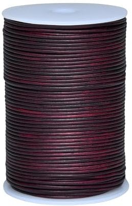 Cords Essentials Round Genuine Leather String Cord, Rope for Jewelry Making, Necklaces, Bracelets, Kumihimo Braiding, Wraps, Crafts and Hobby Projects (Distressed Tibetan Red, 2.0 MM)