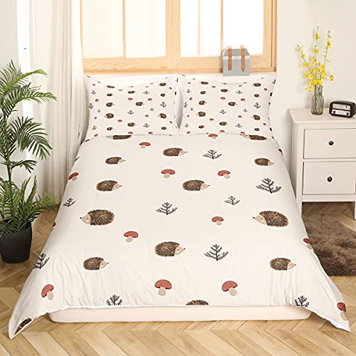 Homemissing Niedlich Igel Bettwäsche Set 135x200cm Kinder Kawaii Igel Pilzdruck Betten Set für Jungen Mädchen Karikatur Wild Tier Bettbezug Set Natur Thema Raumdeko