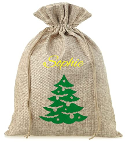 Nikolaussäckchen mit Namensdruck | Motiv aus Filz in rot & grün | Jutesäckchen als Geschenkbeutel für Weihnachten, Adventskalender inkl. Namen (M (30 x 40 cm), Motiv Tannenbaum)
