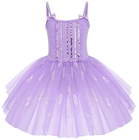 IWEMEK Robe Ballet Fille Tutu Danse Classique Sans Manches Bretelles Spaghetti avec Nœud Papillon Tulle Paillettes Plume Justaucorps Gymnastique Costume Ballerine Princesse Une Pièce 3-10 Ans