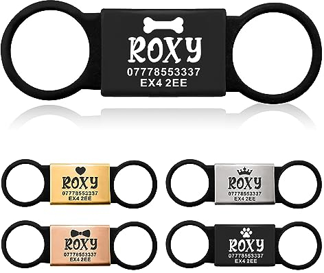 Dog Tags for Pets Engraved UK Slide on Dog Tag Personalised Silent Dog ID Tag Dangle-Free Slide on Collar Identity Tags Engraved UK Personalised ID Tags for Pets Kitty Cat Puppy (Black Plate)