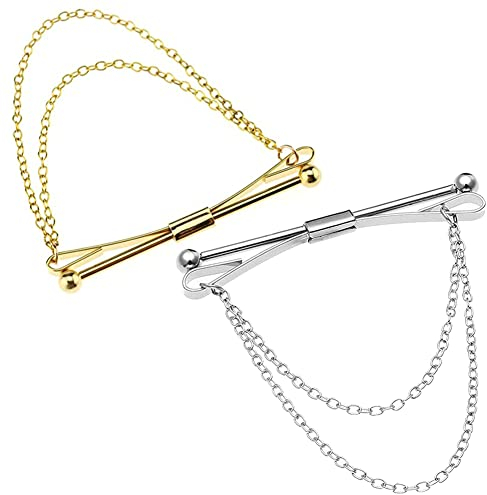Pince à Cravate pour Homme, Hommes Garçon Chemise Collier Clip, Épingle à Cravate, pour Mariage Affaires Accessoires, avec Chaîne, 2 Pièces(Argent+Or)