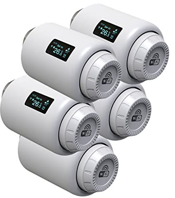Qiumi Lot de 5 vannes d'actionneur de radiateur thermostatiques Wi-Fi programmables Alexa Google Voice Control, WiFi Direct, aucune passerelle requise