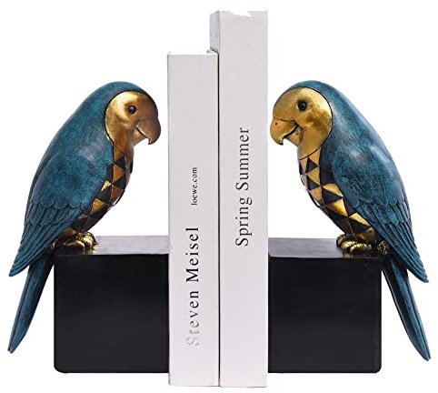 Kakizzy Book Ends Decorative, Parrot Bookends for Shelves, Animal Book Stopper Decorative, Retro Book Ends for Heavy Books, Bird Figurines Statues Indoor, Unique Book Lover Gift(Blue Parrot)