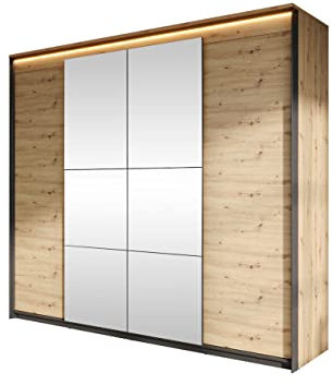 Mirjan24 Drehtürenschrank 4D Quant QS-05 mit Spiegel, 12 Fächern und 2 Kleiderstangen, LED-Beleuchtung im Set, Garderobenschrank mit gedämpftem Schließsystem (Eiche Artisan/Eiche Artisan + Schwarz)