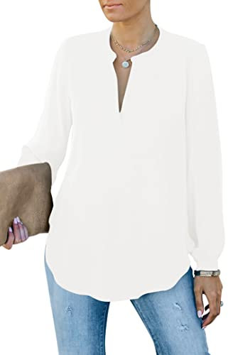Homlan Chemisier élégant pour Femme - Col en V - Manches Longues - Décontracté - Tunique à Manches Longues - Couleur Unie, Blanc., M