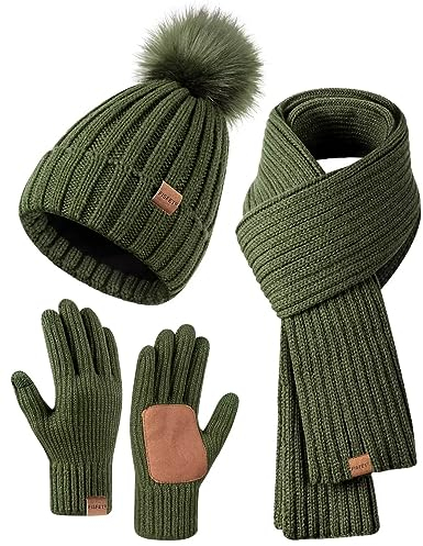 Winter-Set für Damen mit Mütze, Schal und Handschuhen, Mütze mit Bommel, langer Schal, Touchscreen-Handschuhe, 3-in-1-Set, Grün , Einheitsgröße