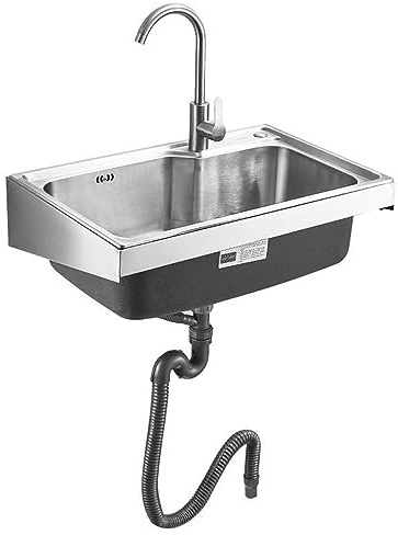 HCZION Handwaschbecken Spülbecken Edelstahlspüle Wandmontage Ausgussbecken Edelstahl Waschbecken Außen Spültisch Für Garage Werkstatt Waschküche (Color : Hot+Cold, Size : 48X35CM/18.8x13.7inch)