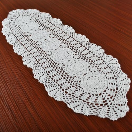 Tischläufer im Vintage-Stil, 30 x 80 cm Tischdekorationstuch, gehäkelte Spitze, Baumwolle, Blumenmuster, oval, für Küche, Hotel, Restaurant (weiß)