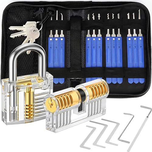 XFLY 25 Stück Lockpicking Set, Dietrich Lockpicking Set Profi mit 2 Transparentem Trainingsschlössern Kreditkartenformat & Anleitung für Schlosserei, Anfänger und Profisrleicht