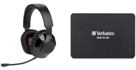 JBL Quantum 350 Over-Ear Gaming Headset – Wireless 2.4 GHz und USB-C-Anschluss – Mit abnehmbarem Boom Mic und QuantumSurround Sound – Schwarz & Verbatim Vi550 S3 SSD