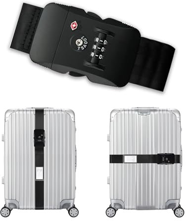Veki Sangles de Bagages Réglables, Sangle de Valise Voyage avec TSA Mot De Passe, Ceinture Valise avec Étiquette Nominative, Sangle d'identification Personnalisée pour Bagages, Sacs, Valise (Noir)