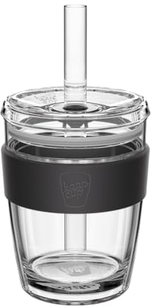 KeepCup Cold Cup - Longplay Double Wall Glass Ice Coffee Tumbler with Lid and Straw - 12oz (340ml) - Black
