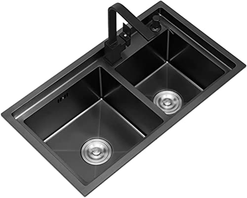 Éviers de cuisine noirs, barre à double cuve avec robinet carré, évier de cuisine, quincaillerie de cuisine encastrable sous plan, bord surélevé en acier inoxydable 304 (couleur : noir, tail
