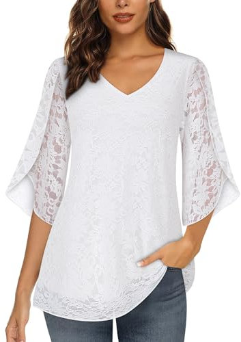 Syphiby 3/4 Sleeve Tops for Women UK Womens Floral Chiffon Blouse Womens Flowy Ruffle Blouse Elegant Flowy Mesh Blouse Shirts Laides A Line Tops Long Tops Womens Tunic Tops Double Layers Tops White