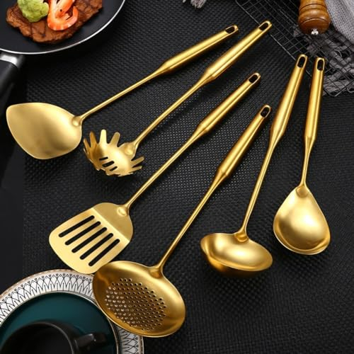 Juego de Utensilios de Cocina de Acero Inoxidable Dorado - Paletas, Cuchara, Pala de Sopa, Espátula y Suministros (#2)