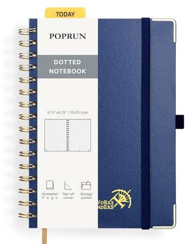 POPRUN Notizbuch A5 Gepunktetes, Bullet Dotted Journal, Spiral-Notizbücher 120 GSM Papier, 141 nummerierte Seiten, Hardcover mit Kleberegisterkarten und 8 Abreißblättern - NYB(Marineblau)