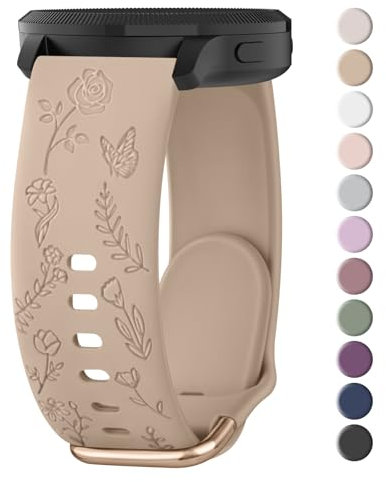 Quick Release Rose Butterfly Engraved Strap for Smart Watch Straps 20mm Women,Silicone Sport Strap with Silver Plated Stainless Steel Buckle for Samsung Galaxy/Garmin/Fossil/Amazfit(MilkTea)
