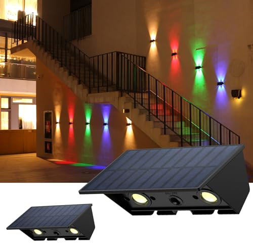 Lampe Solaire Extérieur murale, Blanc et RVB Applique Solaire Extérieur Haut & Bas Lumière Solaire Exterieur Murale Étanche 2 Articles Applique Murale Solaire 120 Lumens pour Cour, Pont et Piscine