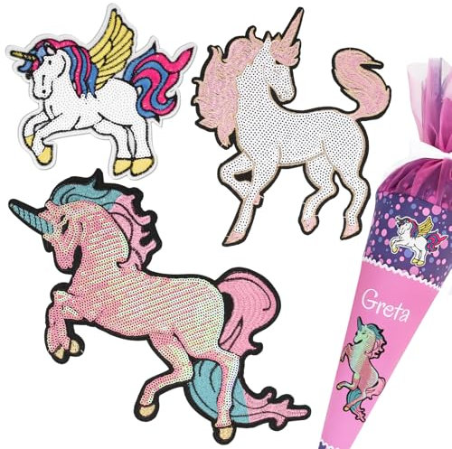 BOFUNX 3 Stücke Einhorn Aufnäher Schultüte Groß Einhorn Aufnäher Pailletten Patches Glitzer Bügelbild Kinder Aufbügelflicken für Schultüte Schulranzen Kleidung