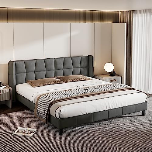 Aoskem Polsterbett 180x200 cm Doppelbett Mit Kopfteil, Bettgestell Mit Lattenrost Aus Holz, Rückenlehne Flachbett Jugendbett Gästebett, Ohne Matratze, Samt Grau