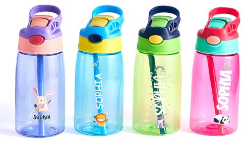 Smile lab Personalisierte Kinder-Wasserflasche mit Strohhalm und Deckel, individuelle Namens-Wasserflasche für Jungen und Mädchen, 500 ml, BPA-frei, auslaufsicher, ideal für Schulanfang, Geburtstage