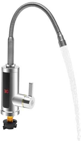 QUIOTUIR Durchlauferhitzer Elektrische Wasserhahn mit Durchlauferhitzer im Led Temperaturanzeige 3000W Wasserhahn Küche 360º Swivel Rostfreie Stähle für Kleine Wohnräume, Garagen, Waschbecken