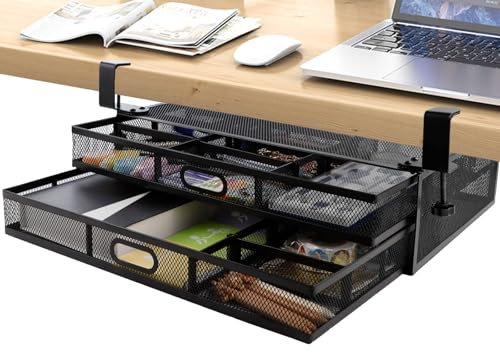 OT-NVWOZR Under Desk Drawer Organiser, Mesh Metal Monitor Stand with 2 Slide Out Storage Drawers, Clamp-on No Drilling Desktop Organiser Adjustable Divider for Home Office| 45x30x12cm