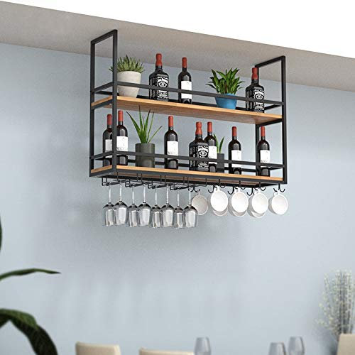 NZpost Portabottiglie, mensola da soffitto a 2 Ripiani, Nero, mensole galleggianti industriali, portabicchieri con corrimano, portaoggetti Decorativo sospeso (120 * 30 * 80 cm)