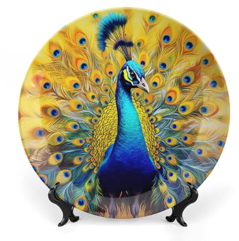 Pfau Keramik Deko Teller, Pfau Dekorative Schale mit Ständer, Schöne Vogel Knochen China Dekorative Teller Kunst Porzellan Teller für Wohnzimmer Flur Tischdekoration