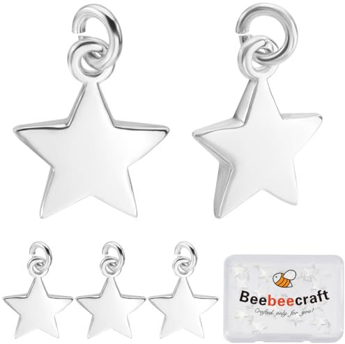 Beebeecraft 1 caja de 20 colgantes de Estrella Chapados En Plata de Ley de 925mm con Forma de Pentagrama de Metal de Cinco Puntas Mini Estrellas con Anillos de Salto para Hacer Joyas Collares