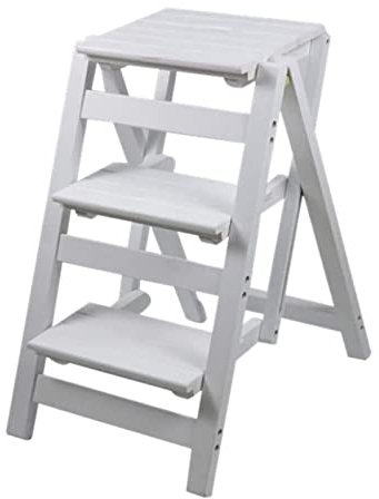 Dual-Purpose Step Stool, Wooden Ladder All Solid Wood Ladder Chair Home Folding Stair Chair Multifunctional Ladder Stool Stepladder/White