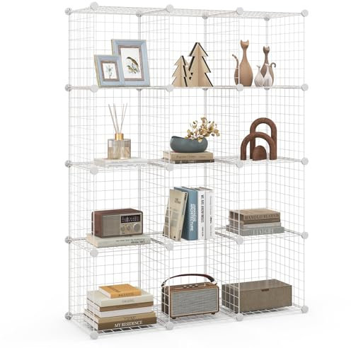 COSTWAY 6/8/12 Metal Wire Cube Storage Shelf Rack DIY Grid Wire Mesh Display Bookcase Closet Cabinet Organiser Shelves (White, 110 x 37 x 145cm)