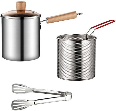 3L Stainless Steel Oil Filter Pot Bacon Grease Container with Strainer& Deep Fryer Basket and Wooden Handle Kitchen Cooking Oil Lard Fat Saver for French Fries Chicken Shrimp