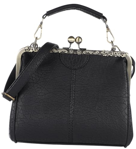 Garneck Umhängetasche Im 50er Jahre Stil - Elegante Handtasche Mit Kiss Lock Verschluss - Retro Damen Schultertasche Aus Leder Ideal Für Freizeit Und Besondere Anlässe Schwarz