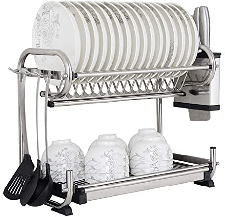 SdaryWare Dish Rack, Crockery Basket With Drip Tray Stainless Steel 2 Layer Drain Rack Kitchen Drying Rack Drying Tray Tableware Rack Drip Tray (57×25×38cm)