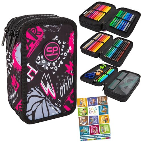 Goldkids - Federmäppchen 3 Fächer - Mäppchen für Mädchen und Jungen - Federmappe 3-Fach Federtasche Gefüllte Schüleretui Schulmäppchen und Hausaufgabenheft - Rock Star Motiv