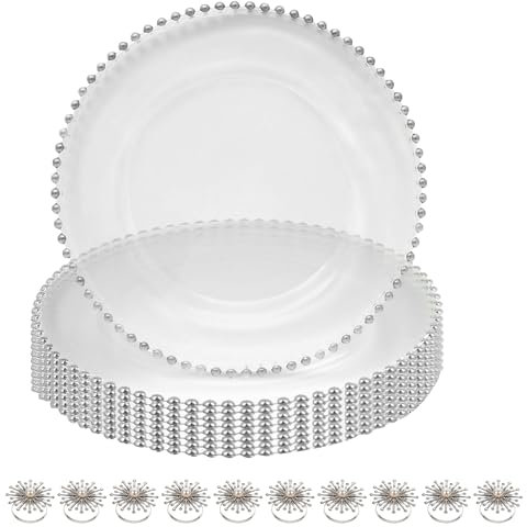 Set di piatti in acrilico trasparente con bordo in perline argentate e portatovaglioli con diamanti di perla, elegante decorazione da tavola per matrimoni, cene, feste, banchetti ed eventi speciali