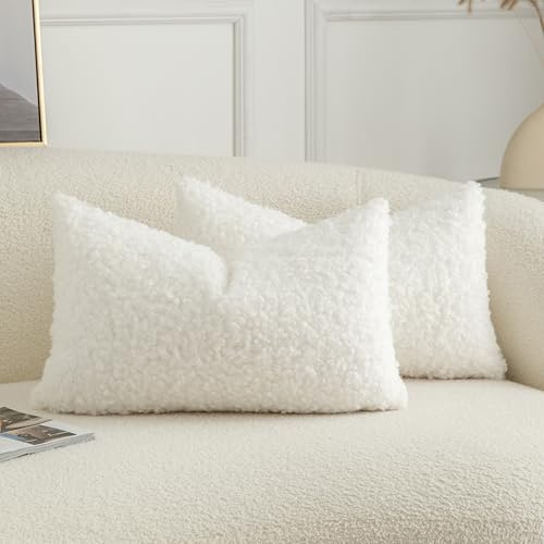 Joyouth 2er Set Curly Teddy Wolle Faux Pelz werfen Kissenbezug Abdeckungen Fuzzy Akzent weiche Sherpa Kissenbezüge Schaffel Fleece Dekorative Kissen Fall für Sofa Couch Wohnzimmer 30x50 cm Reines Weiß