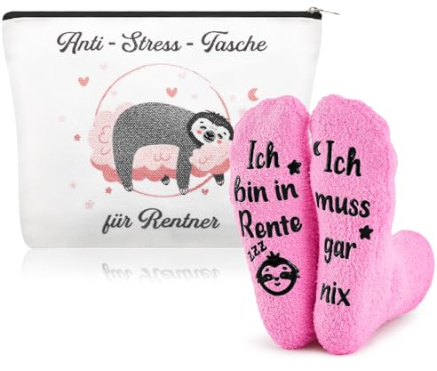 Sintege 2 Pièces Set Cadeau de Retraite 1 Trousse de Maquillage et 1 Paire de Chaussettes Amusantes Ich Bin in Rente Cadeau d'Adieu pour Retraite Collègue Femme Anniversaire