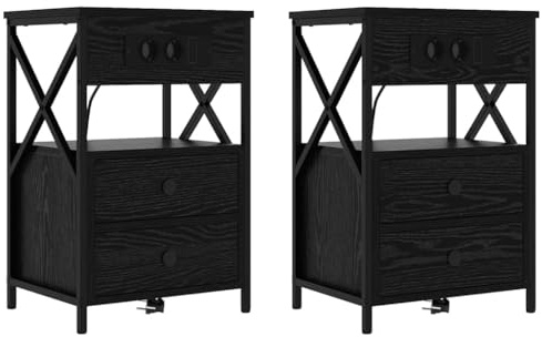 vidaXL Set of 2 Black Chipboard Oak & Steel Bedside Tables 40 x 31 x 60 cm, Modern Design with Charger, Drawer, Shelf, Internal Storage, Assembled with Screwdriver, for Bedroom