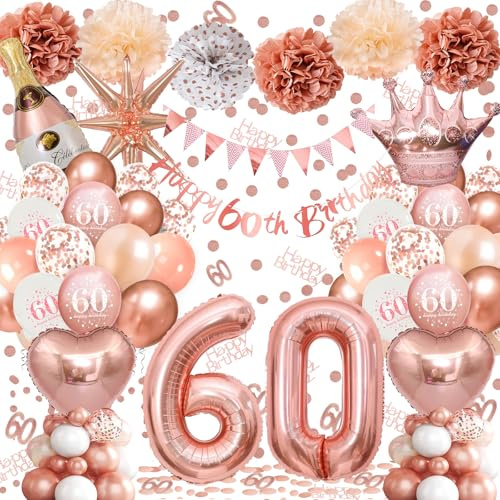 60th Birthday Balloons Rose Gold, Banner, Triangle Flag, 60th Birthday Decorations, Rose Gold Party Decorations Set, Latex, Heart, Crown And Numbers Balloons, Confetti, Paper Pom Poms