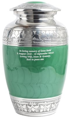 Cremation Urn for Human Ashes – Adult Large Decorative Aluminum Funeral Memorial Keepsake – Securely Holds approx. 90kg or 14 Stone Body (Green-Text Engraved, Adult Size)