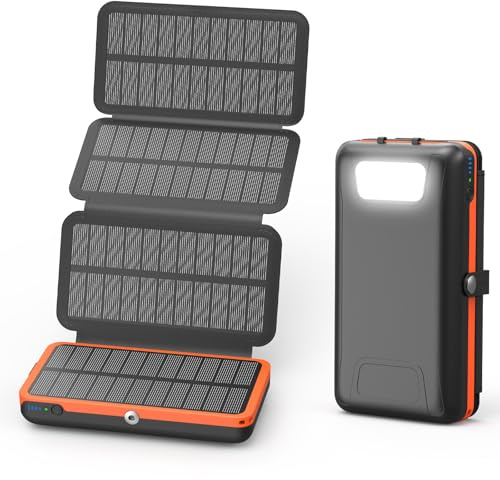Hiluckey Solar Charger Power Bank Fast Charging External Battery Pack with 4 Solar Panels 20000mAh USB C Portable Phone Charger with 3 USB Outputs for Cellphone Tablet