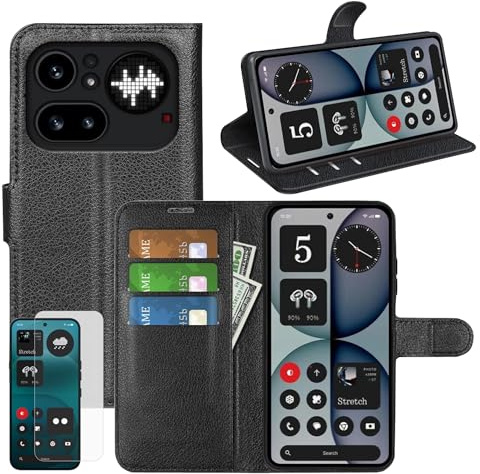 Wigento Klapphülle Schutzglas Set für Nothing Phone 4a Pro, Kunstleder Wallet Hülle, Kartenfach, Standfunktion, 9H Displayschutz Glas Handyhülle (Schwarz)