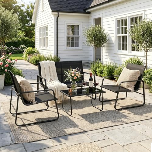 2026 Aufwertung 4-teiliges Garten Terrassen-Sitzset, Außenmöbel-Set mit Zweierstuhl, Zwei Einzelsitze, Tisch aus gehärtetem Glas, atmungsaktives Textilene und Stahlgestell für Balkon Terrasse Garten