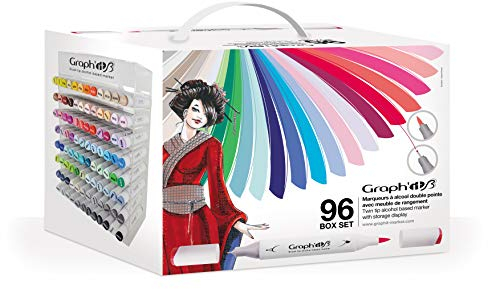 GRAPH’IT Marqueurs à Dessin - Coffret de 96 Marqueurs Alcool Double Pointe - Illustration, Manga - Pointe Extra Fine et Pinceau - Présentoir 8 Niveaux - Couleurs Mélangeables et Rechargeables